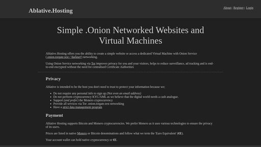 screenshot of Ablative Hosting - http://hzwjmjimhr7bdmfv2doll4upibt5ojjmpo3pbp5ctwcg37n3hyk7qzid.onion