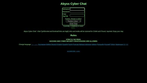screenshot of Abyss Chat - http://y435nn4wtk4ots4bj3m7fr3ey4tvwjeqnw4o2csvbnt4ayilrwdo77yd.onion/index.php?lang=fi