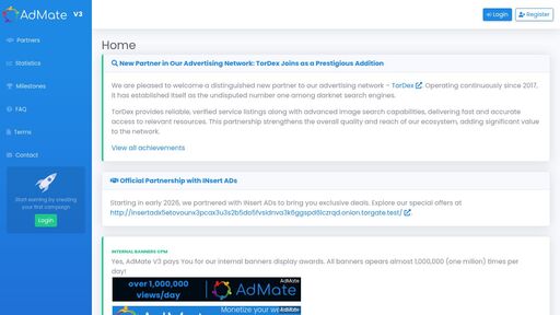 screenshot of AdMate - Ultimate ads platform of TOR - Home - http://admate3tuhsxen3hwawjkvjgx5d2wwntctn2iijshtfc4ikewob37hid.onion