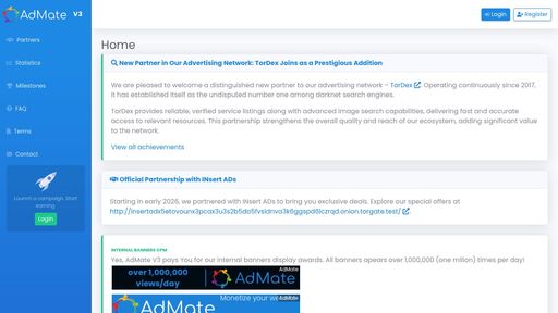 screenshot of AdMate - Ultimate ads platform of TOR - Home - admate3tczgp6digew7jpzcosq52rs7anru53imwqimron27emq7dbqd.onion