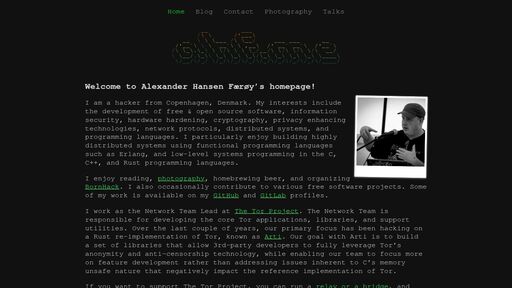 screenshot of Alexander Hansen Færøy's Homepage - lxwu7pwyszfevhglxfgaukjqjdk2belosfvsl2ekzx3vrboacvewc7qd.onion