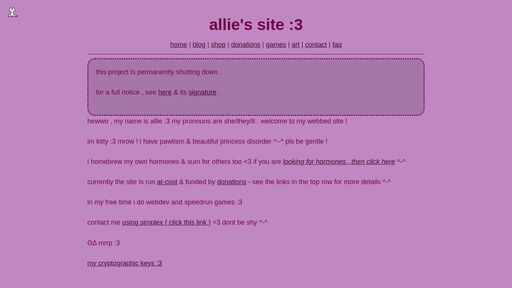 screenshot of allie's site :3 - http://nyaaaaaaa2t2evbndugpbqoolcsaupqdq6i6v5caqiox2ls5iwp3voyd.onion