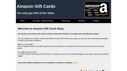 screenshot of Amazon Gift Cards - Buy them here for 25% of the Value - tvvy3dlzxje3d4qgpqxzf46j3vo7wjyqjedovhbjrqx36rhp3awpyyyd.onion