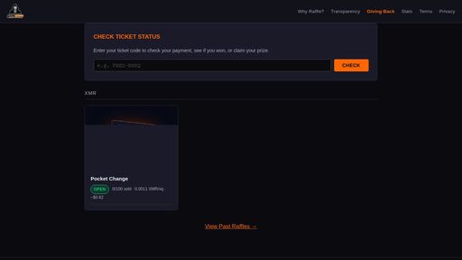 screenshot of Anon Raffle — Provably Fair Monero Raffle - ztykqft6yvg7fjj57p773mvpuyd35iphtq42tntouuspq7amuednhhid.onion