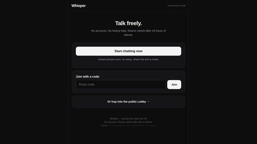 screenshot of Anonymous chat rooms - Whisper - xuwuednndnfv4pvzaoyyrkhr3ektwysvrdqrpua6avrnjpxk4juqd6id.onion
