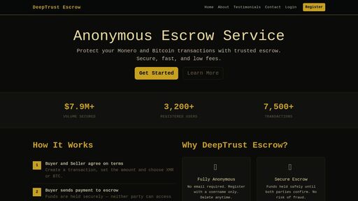screenshot of Testimonials - DeepTrust Escrow - http://s7u3aetwjwfusx7hfghnxmr5vcyolr7a25m4gqokshvbwtplqsblbpad.onion/testimonials.php