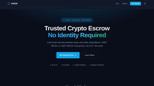 screenshot of ANOW — Anonymous Crypto Escrow Platform - http://anowddbdpl7d4mo2ovi72e6llulp47qr6h6hgrvd44dv7fc56hu6ytyd.onion