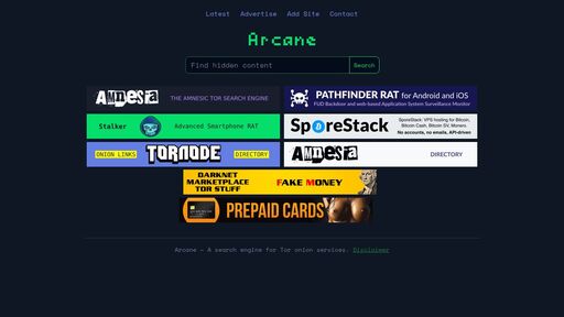 screenshot of Arcane — A search engine for Tor onion services - arcanekvi3uliomkq7ivuqo3ftwo5tor2ph6xmrsthhyqea7ampomgyd.onion