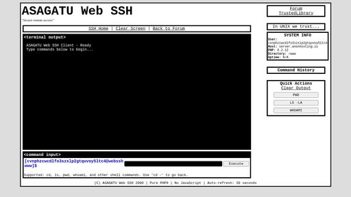screenshot of ASAGATU - Web SSH - http://cvnphzcwcdlfo3szxlp2gtquvoy5ltc4eqwv7jr7giszzyaxtossndqd.onion