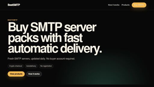 screenshot of BestSMTP — Buy SMTP servers instantly - http://bsmtpl5mnvysbpiokgzgaiw7ig27vu4iwk3nmainqnp34tlpxy6podqd.onion