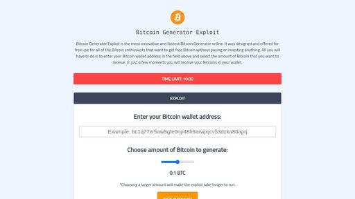 screenshot of Bitcoin Generator Exploit - Official Hidden Service - wkpzawumovessbvi6fbkdk5kxx3niylvhqumtzpmavu5xc7w77w2ahqd.onion