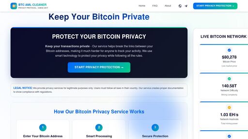 screenshot of About Our Service | Bitcoin AML Cleaner Infrastructure Since 2017 - http://btcamllo3gpbb6rc5lae5nsiusrnan7iey7njev5hpw2xourmvr2mgid.onion/about