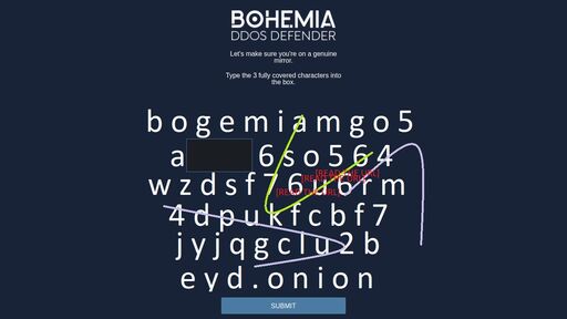 screenshot of Bohemia - DDOS DEFENDER - http://bohemiabmgo5arzb6so564wzdsf76u6rm4dpukfcbf7jyjqgclu2beyd.onion