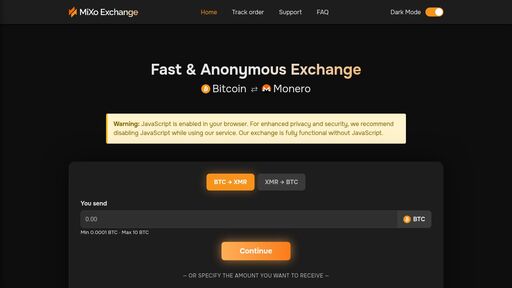 screenshot of BTC-XMR Exchange Service - MiXo Exchange - mixoswapxd5iiuwszmfnpjlhx2s5r23zdkazvyzknnxsmlmm6suzhkad.onion