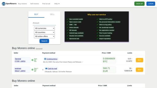 screenshot of Buy or Sell Monero Anonymously, Quick and Easy — LocalMonero Alternative - http://hj63yzwjqumozyt34dohknaadyp7p5ilcb32d67al2jpc2b3vs2b6uad.onion