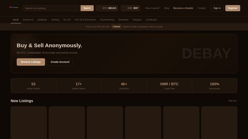 screenshot of Buy & Sell Anonymously | Debay - deba7hcel5t4nodxhyik2oamkf3bl3gyvae7kq3xtxs3fnw2jvl3doyd.onion