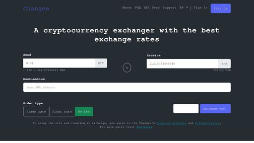 screenshot of Changee official website. Best cryptocurrency exchange rates on 2025 - http://changeesn2dw6jo4exu6zrqsakemvgtsk3eidkun6zp4vnethym2cayd.onion