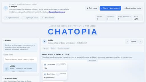 screenshot of Chatopia | Privacy-Focused Chat Rooms - chatopicaqy6xe3vp2aqkby6lfzv2ri4pvtu5batle4yxpn3zgi6rmad.onion