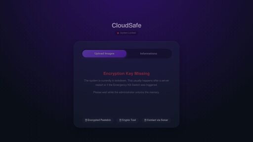 screenshot of CloudSafe - Anonymous Encrypted Image Host (Tor/Onion) - tvibbxhdsdwkcpvwvrh5g2zd3d2vqziq5xmwwul2g32rrcgk5r5wydad.onion