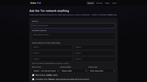 screenshot of Create a poll — OnionPoll - przapja22unngahsb43xfm5fioibepjxzjnawoobgmqe6ypnyas5qoqd.onion