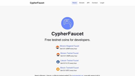 screenshot of CypherFaucet | Monero, Litecoin & Bitcoin Testnet Faucets - afhhz7ytxc6en5qbcftugdt2yuxhnzxdhg6dpto67rkv75ofwgjwavid.onion
