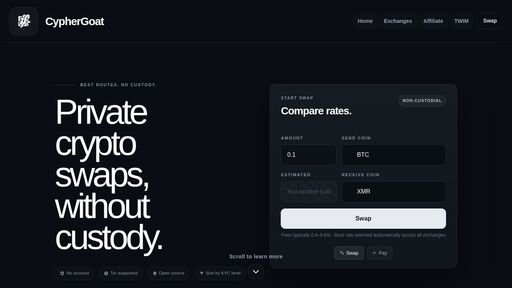 screenshot of CypherGoat - Swap Crypto at the Best Rate on the Market - cyphergmw4huw7jzhat3misfm5jj2m4nvafockqbj7i5rrlec6mobdid.onion