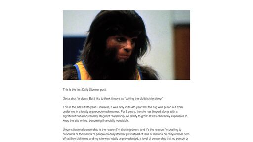 screenshot of Daily Stormer: Putting the Old Bitch to Sleep - http://stormer5v52vjsw66jmds7ndeecudq444woadhzr2plxlaayexnh6eqd.onion