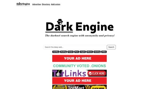 screenshot of Dark Engine: anonymity and privacy - darkent74yfc3qe7vhd2ms53ynr3l5hbjz4on2x76e7odjiyrjlirvid.onion