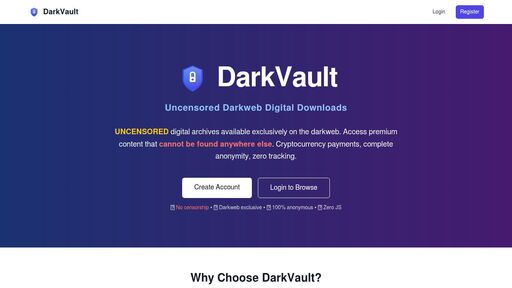 screenshot of DarkVault - Uncensored Darkweb Digital Downloads - darkvltolbcdjyjnilhkbxvylccg577mbx2ewvdccuhqhtuqz4rmfrqd.onion