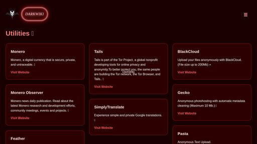 screenshot of DarkWiki - darkwikibzp73gkoqu3waaquojgkl3rpeajruqsj22dzlwgemxfpctid.onion