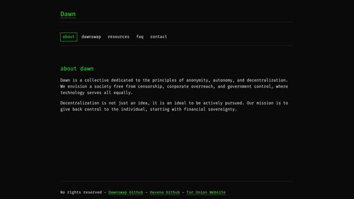 screenshot of Dawn Collective - dawnswap33kxl55mpkakx626xydcxq2kcxvaur4tridlyxhsmu2b5syd.onion