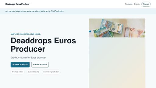 screenshot of Deaddrops Euros Producer - 53q7eq7q2sz2h375jnl6liwrapsf4vtutdztkqtd5smpulm42bvclxyd.onion