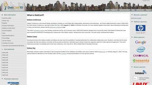 screenshot of DebConf10 - Main page - alm6yjl2ry7kjieean3k3f3urqv6vlh2uv6bn4grsgu4vir3eannxrqd.onion