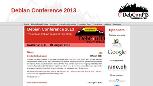 screenshot of DebConf13 - 20th Debian Birthday - http://l54wuyoo32aqezzte7tcta2khpzc3kgwyr7vayfx3vnoyoohajoam4qd.onion/birthday.xhtml