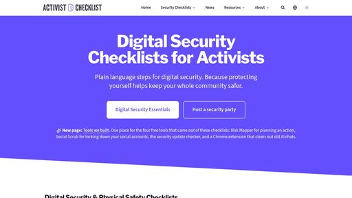 screenshot of Digital Security Checklists for Activists - actchkqornmbfjlsiepfm57lqlqsbpflih6kzomq73gfsz4cesuhujad.onion