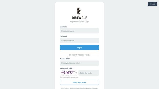 screenshot of DireWolf Negotiation System - Login - direwolf66s5zealav7azcyqeipiswecvvnapyuby3dek473kyqfucad.onion