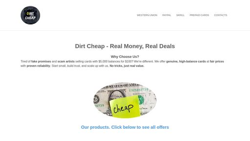 screenshot of Dirt Cheap - Real Money, Real Deals - kcz2hwttj5o4hjxy46fk4alk3w6upureycqd4wctyte43qzy56l4dnqd.onion