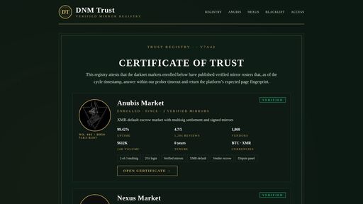 screenshot of DNM Trust — Verified Mirror Registry & Anti-Phishing Hub for Anubis & Nexus - verifokewjcomhdf2rk3kloe4we2gkurqvax4tjnhepbx63dj7fyfoad.onion