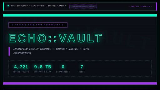 screenshot of ECHO::VAULT • DIGITAL DEAD DROPS • DARKNET LEGACY STORAGE - 5wmn2cfcxe2ngxxwkgymrz5gq66rqnrnzk5bj26rgnyhv4fditrq2wyd.onion