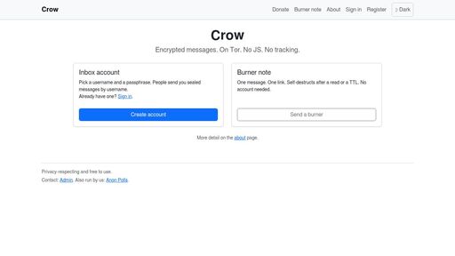 screenshot of Encrypted messages on Tor · Crow - crowanavoa5jrmcvafp72f5mirosab6emfurnwg7yv33oakm5obglhid.onion