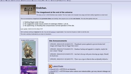 screenshot of Endchan - endchancxfbnrfgauuxlztwlckytq7rgeo5v6pc2zd4nyqo3khfam4ad.onion
