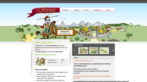 screenshot of EndlessServer - travian6dykpkvb7iezmandxudbk2urnvheiy2u7wsbreg7mxle7stad.onion