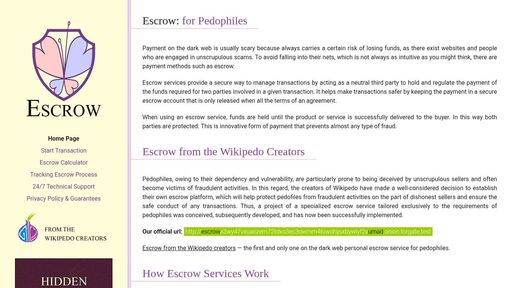 screenshot of Escrow for pedophiles | Wikipedo - escrowx3wy47vxuaozem72tdxo3ec3owmm46iwohijsxbywlyf2xumad.onion