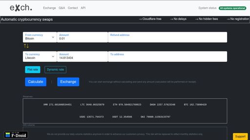 screenshot of eXch / Automatic cryptocurrency exchange - http://hszyoq6aomk6s344ids63aayt7crammtkgt7ocjhql7lj2ixz5sxeead.onion/faq