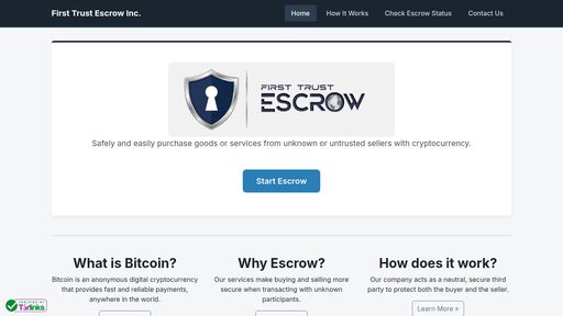 screenshot of First Trust Escrow Inc. - escrowaxbxjpez5n5zrgmytyqeqfag2w3pchadtjyfvzek57ww3ixvyd.onion