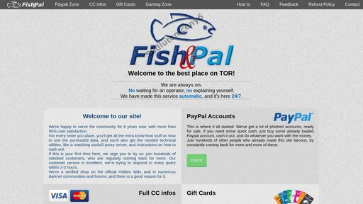 screenshot of Fish'n'Pal! - http://card4i7ah76dcjcgkjww6oryb247eucu4xrz3hnbmexj5ttbnrgba3yd.onion/giftcards.php
