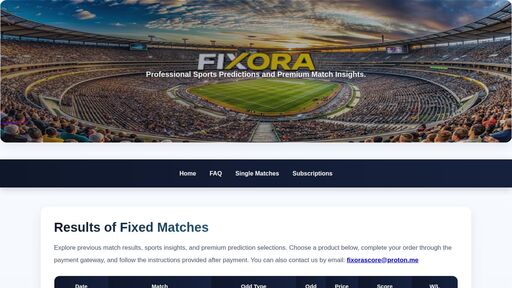 screenshot of Fixora - Upcoming Fixed Matches & Sports Predictions - http://fixor5olmkux6reopwonk2h7uxfqbu4a5ih6rlszvta7p6phasenhaid.onion