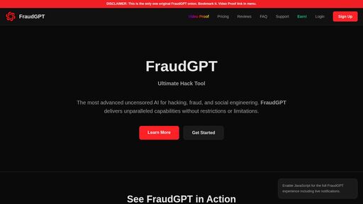 screenshot of FraudGPT - Ultimate AI Hack Tool - fraudgptqdzh5wnn4qspamvfuktt2bdbok5axsijwlu27cnvpxgy2kyd.onion