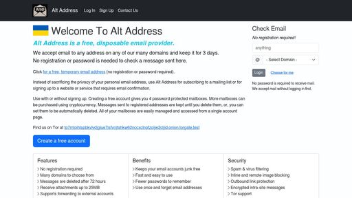 screenshot of Free Disposable Email Addresses » Alt Address - tp7mtoihlspbkvlydjgiue7isfvnjtshkw62nccxclnpfzoijw2cljid.onion
