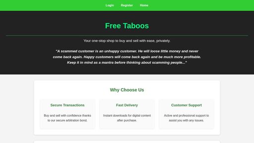 screenshot of Free Taboos - Buy & Sell your stuff - nlmpdxddud4iq6aqhqbw7qx5ldxil566vf7kvtkykk6yg3vz3rh6s2yd.onion